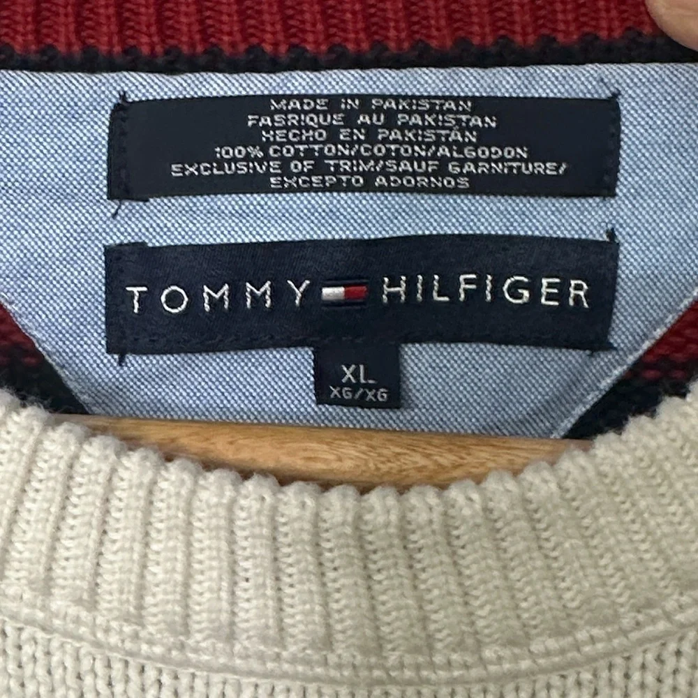 Vintage Men’s XL Tommy Hilfiger Cream Navy Red Stripe Sweater Casual Preppy